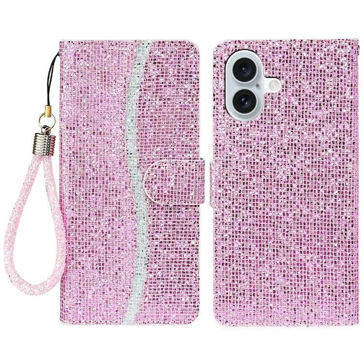 For iPhone 16 Plus Case PU Leather Wallet Card Slots Glitter Phone Cover