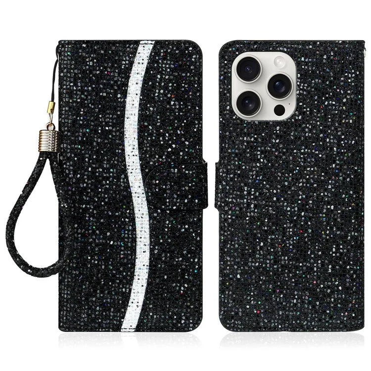 For iPhone 16 Pro Max Case PU Leather Wallet Card Slots Glitter Phone Cover