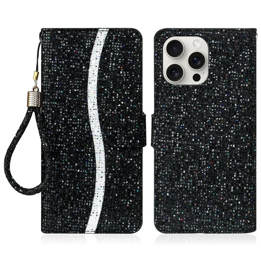 For iPhone 16 Pro Max Case PU Leather Wallet Card Slots Glitter Phone Cover
