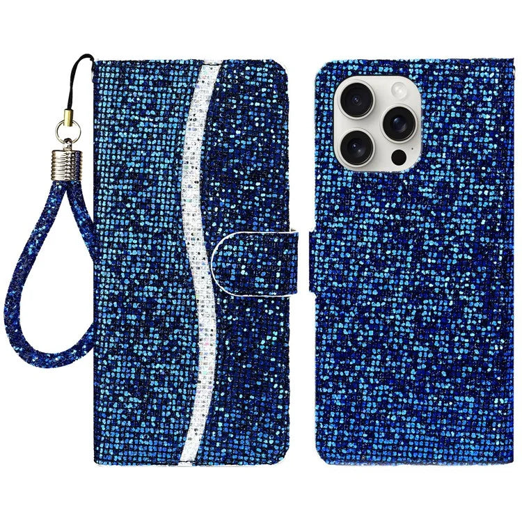 For iPhone 16 Pro Max Case PU Leather Wallet Card Slots Glitter Phone Cover
