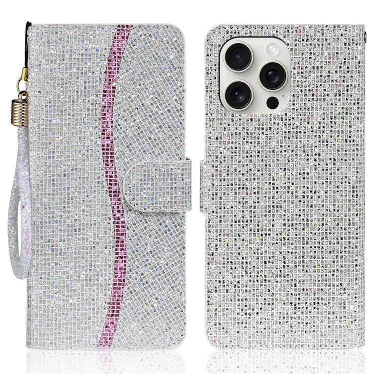 For iPhone 16 Pro Max Case PU Leather Wallet Card Slots Glitter Phone Cover