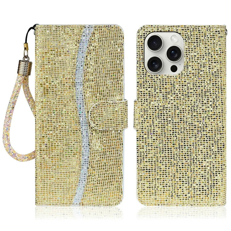 For iPhone 16 Pro Max Case PU Leather Wallet Card Slots Glitter Phone Cover