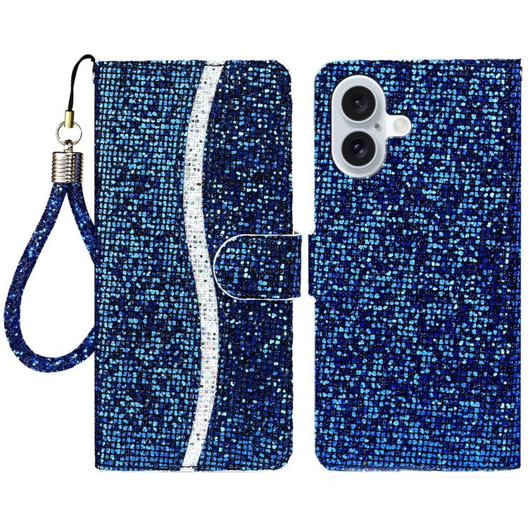 For iPhone 16 Case PU Leather Wallet Card Slots Glitter Phone Cover