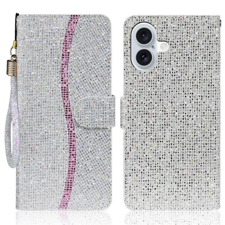 For iPhone 16 Case PU Leather Wallet Card Slots Glitter Phone Cover