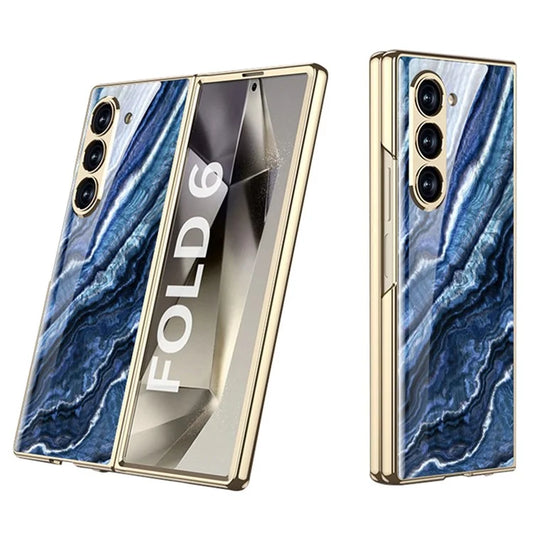 GKK For Samsung Galaxy Z Fold6 5G Case Electroplating Marble Pattern Tempered Glass+PC Phone Cover