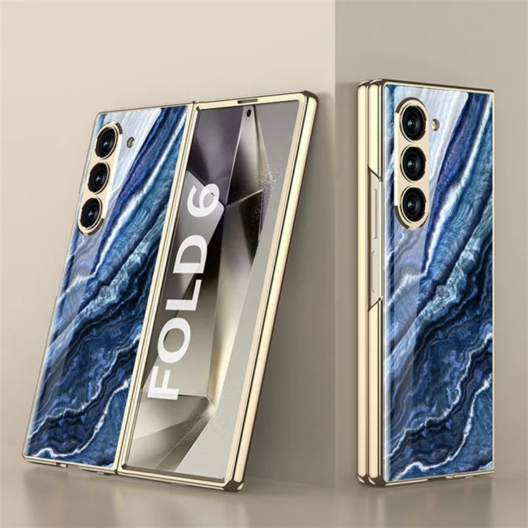 GKK For Samsung Galaxy Z Fold6 5G Case Electroplating Marble Pattern Tempered Glass+PC Phone Cover