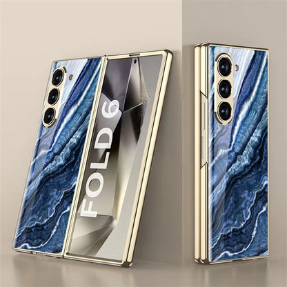 GKK For Samsung Galaxy Z Fold6 5G Case Electroplating Marble Pattern Tempered Glass+PC Phone Cover