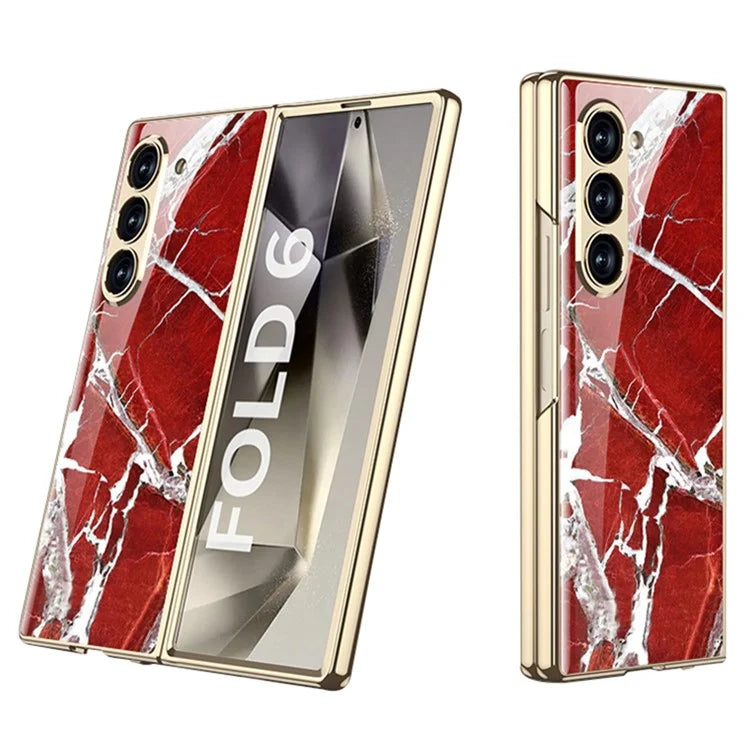 GKK For Samsung Galaxy Z Fold6 5G Case Electroplating Marble Pattern Tempered Glass+PC Phone Cover