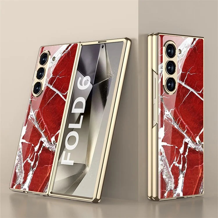 GKK For Samsung Galaxy Z Fold6 5G Case Electroplating Marble Pattern Tempered Glass+PC Phone Cover