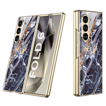 GKK For Samsung Galaxy Z Fold6 5G Case Electroplating Marble Pattern Tempered Glass+PC Phone Cover