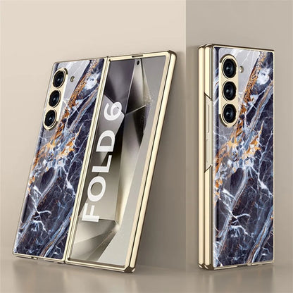 GKK For Samsung Galaxy Z Fold6 5G Case Electroplating Marble Pattern Tempered Glass+PC Phone Cover