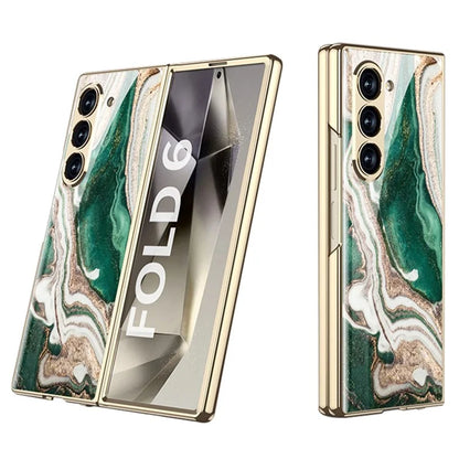 GKK For Samsung Galaxy Z Fold6 5G Case Electroplating Marble Pattern Tempered Glass+PC Phone Cover