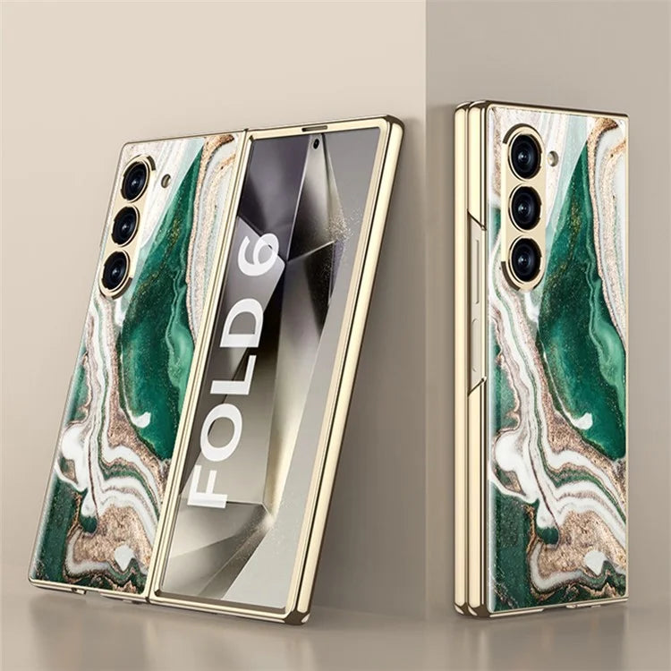 GKK For Samsung Galaxy Z Fold6 5G Case Electroplating Marble Pattern Tempered Glass+PC Phone Cover