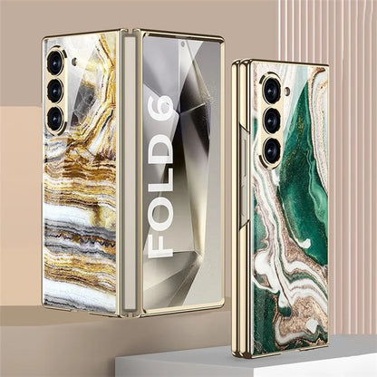 GKK For Samsung Galaxy Z Fold6 5G Case Electroplating Marble Pattern Tempered Glass+PC Phone Cover