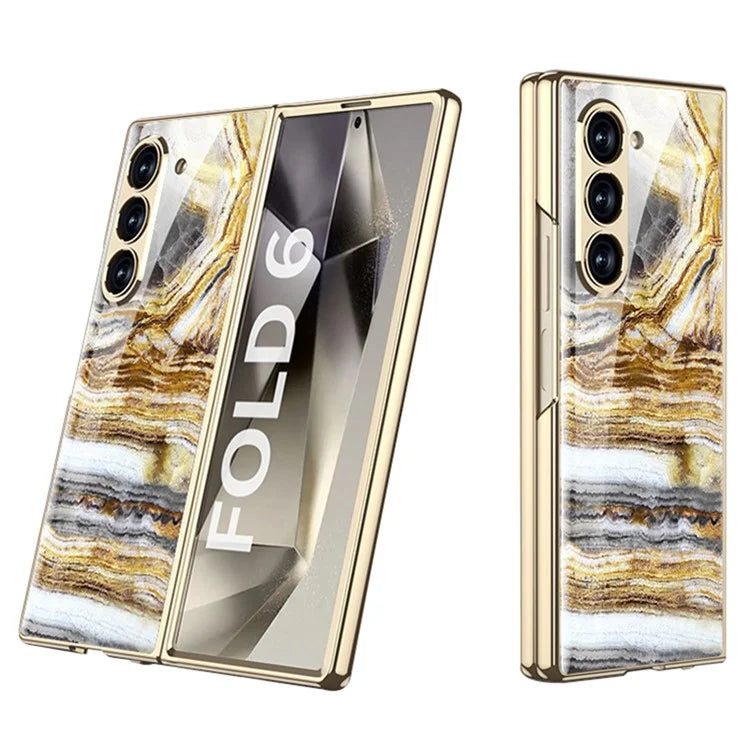 GKK For Samsung Galaxy Z Fold6 5G Case Electroplating Marble Pattern Tempered Glass+PC Phone Cover