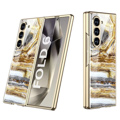 GKK For Samsung Galaxy Z Fold6 5G Case Electroplating Marble Pattern Tempered Glass+PC Phone Cover