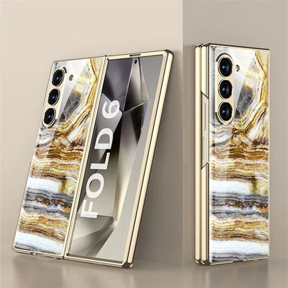 GKK For Samsung Galaxy Z Fold6 5G Case Electroplating Marble Pattern Tempered Glass+PC Phone Cover