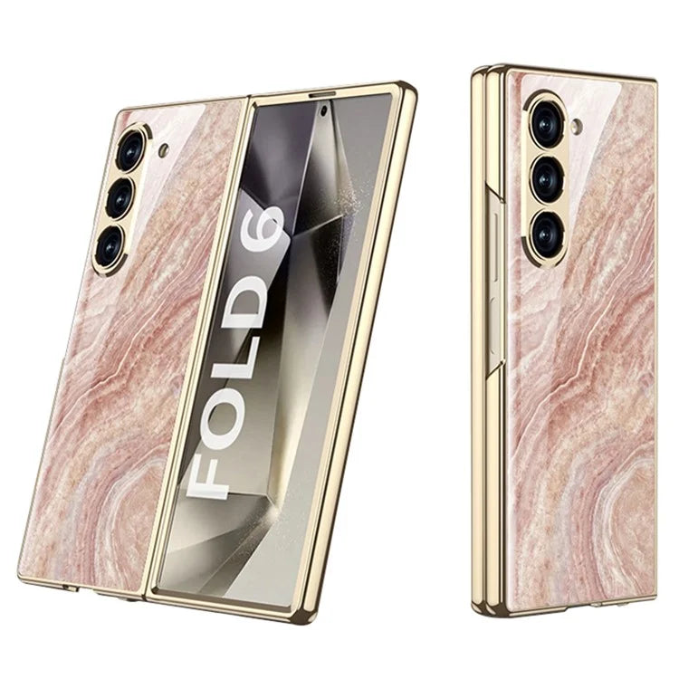 GKK For Samsung Galaxy Z Fold6 5G Case Electroplating Marble Pattern Tempered Glass+PC Phone Cover