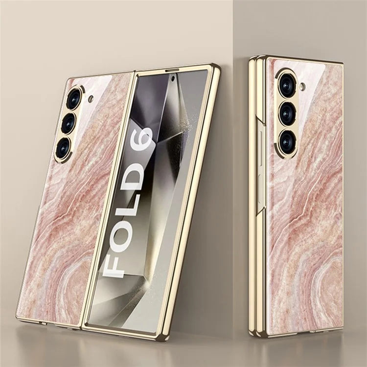 GKK For Samsung Galaxy Z Fold6 5G Case Electroplating Marble Pattern Tempered Glass+PC Phone Cover