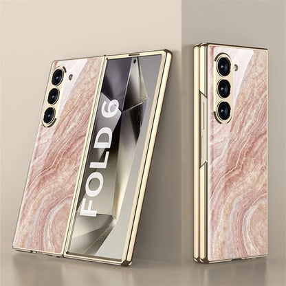 GKK For Samsung Galaxy Z Fold6 5G Case Electroplating Marble Pattern Tempered Glass+PC Phone Cover