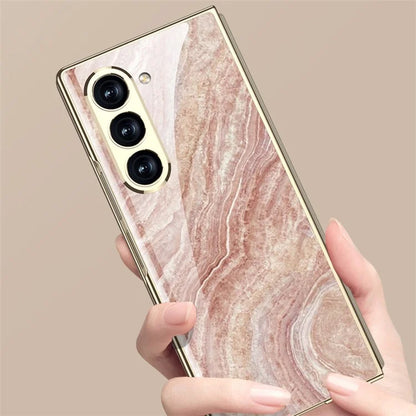 GKK For Samsung Galaxy Z Fold6 5G Case Electroplating Marble Pattern Tempered Glass+PC Phone Cover