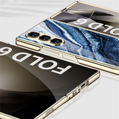GKK For Samsung Galaxy Z Fold6 5G Case Electroplating Marble Pattern Tempered Glass+PC Phone Cover