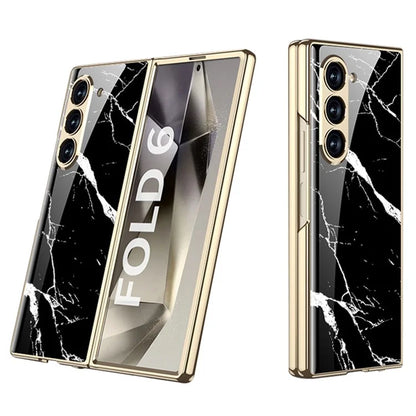 GKK For Samsung Galaxy Z Fold6 5G Case Electroplating Marble Pattern Tempered Glass+PC Phone Cover