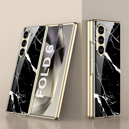 GKK For Samsung Galaxy Z Fold6 5G Case Electroplating Marble Pattern Tempered Glass+PC Phone Cover