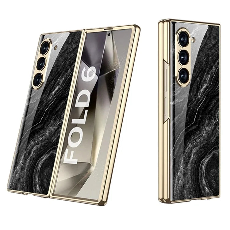 GKK For Samsung Galaxy Z Fold6 5G Case Electroplating Marble Pattern Tempered Glass+PC Phone Cover