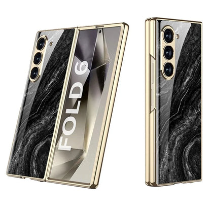 GKK For Samsung Galaxy Z Fold6 5G Case Electroplating Marble Pattern Tempered Glass+PC Phone Cover