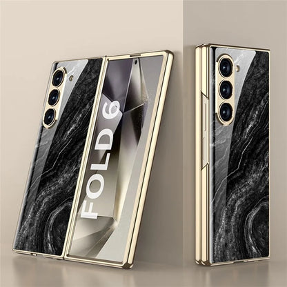 GKK For Samsung Galaxy Z Fold6 5G Case Electroplating Marble Pattern Tempered Glass+PC Phone Cover