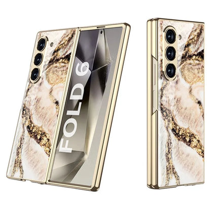 GKK For Samsung Galaxy Z Fold6 5G Case Electroplating Marble Pattern Tempered Glass+PC Phone Cover
