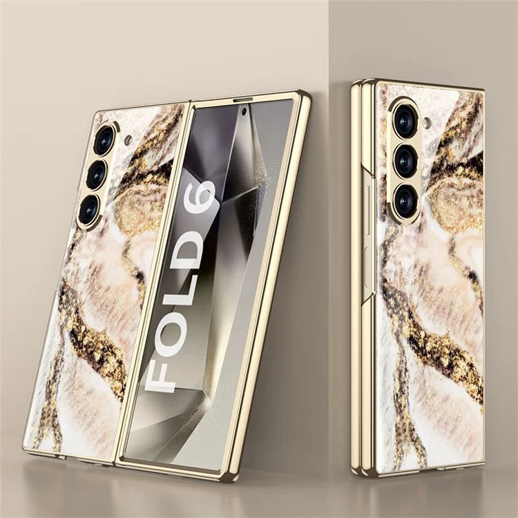 GKK For Samsung Galaxy Z Fold6 5G Case Electroplating Marble Pattern Tempered Glass+PC Phone Cover