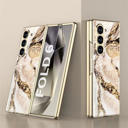GKK For Samsung Galaxy Z Fold6 5G Case Electroplating Marble Pattern Tempered Glass+PC Phone Cover