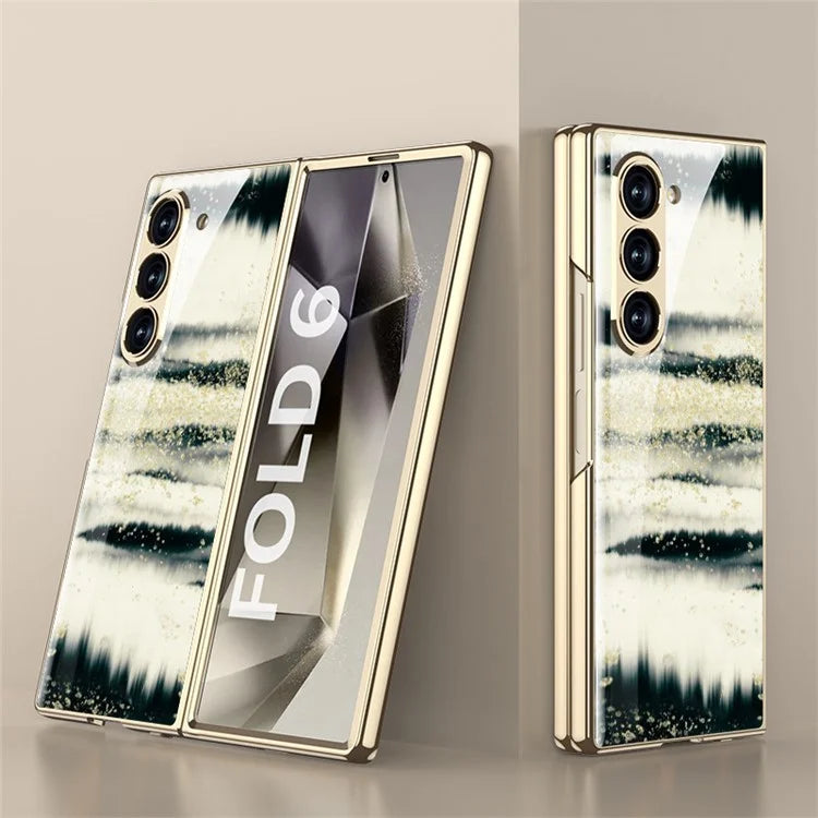 GKK For Samsung Galaxy Z Fold6 5G Case Electroplating Marble Pattern Tempered Glass+PC Phone Cover