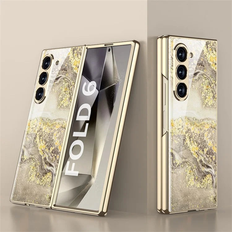 GKK For Samsung Galaxy Z Fold6 5G Case Electroplating Marble Pattern Tempered Glass+PC Phone Cover