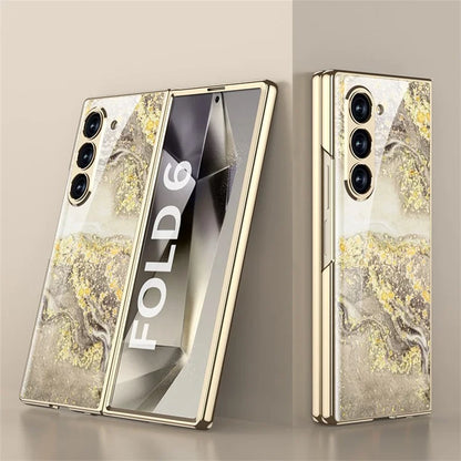 GKK For Samsung Galaxy Z Fold6 5G Case Electroplating Marble Pattern Tempered Glass+PC Phone Cover