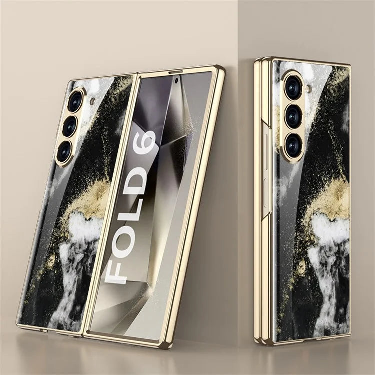 GKK For Samsung Galaxy Z Fold6 5G Case Electroplating Marble Pattern Tempered Glass+PC Phone Cover