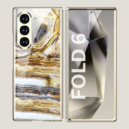 GKK For Samsung Galaxy Z Fold6 5G Case Electroplating Marble Pattern Tempered Glass+PC Phone Cover
