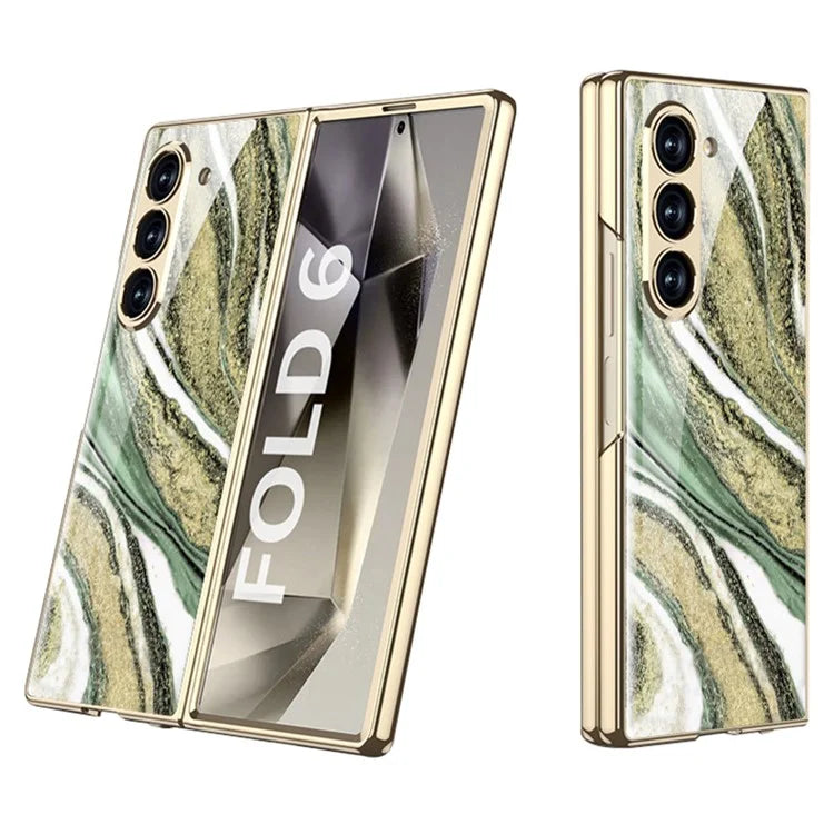 GKK For Samsung Galaxy Z Fold6 5G Case Electroplating Marble Pattern Tempered Glass+PC Phone Cover