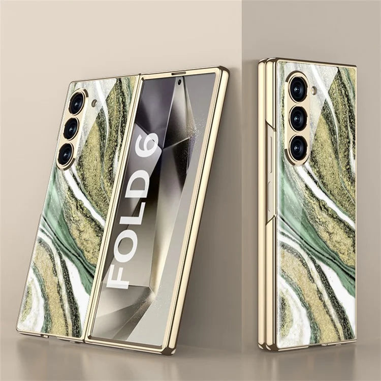 GKK For Samsung Galaxy Z Fold6 5G Case Electroplating Marble Pattern Tempered Glass+PC Phone Cover