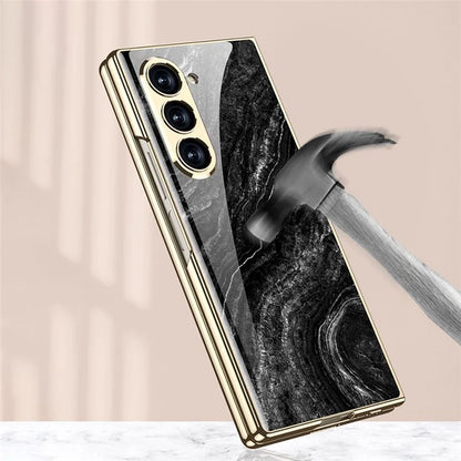 GKK For Samsung Galaxy Z Fold6 5G Case Electroplating Marble Pattern Tempered Glass+PC Phone Cover