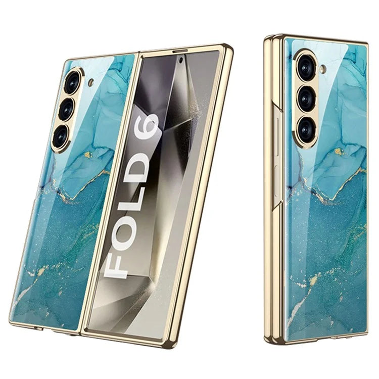 GKK For Samsung Galaxy Z Fold6 5G Case Printed Pattern Electroplating Tempered Glass+PC Phone Cover
