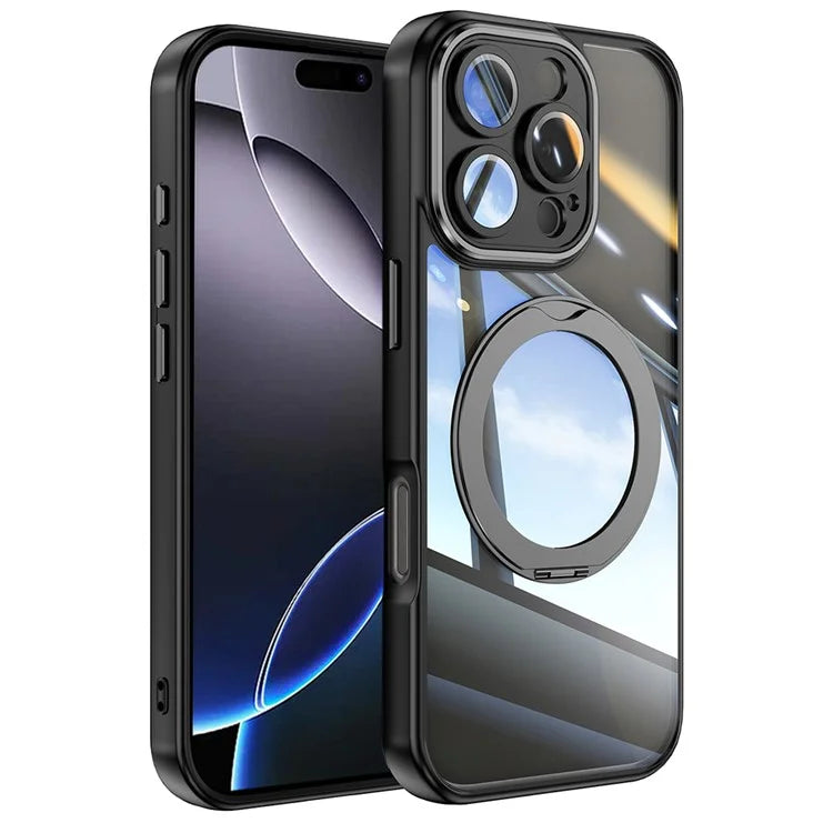 For iPhone 16 Pro Max Case Rotatable Magnetic Kickstand TPU+PC Phone Cover with Lens Film