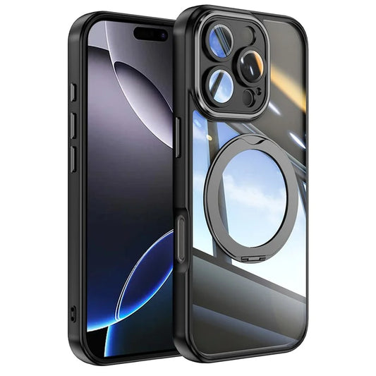For iPhone 16 Pro Max Case Rotatable Magnetic Kickstand TPU+PC Phone Cover with Lens Film