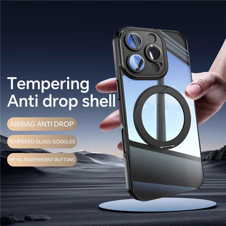 For iPhone 16 Pro Max Case Rotatable Magnetic Kickstand TPU+PC Phone Cover with Lens Film