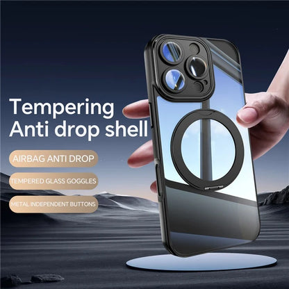 For iPhone 16 Pro Max Case Rotatable Magnetic Kickstand TPU+PC Phone Cover with Lens Film