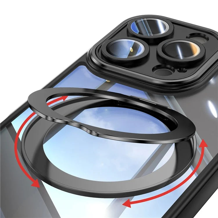 For iPhone 16 Pro Max Case Rotatable Magnetic Kickstand TPU+PC Phone Cover with Lens Film