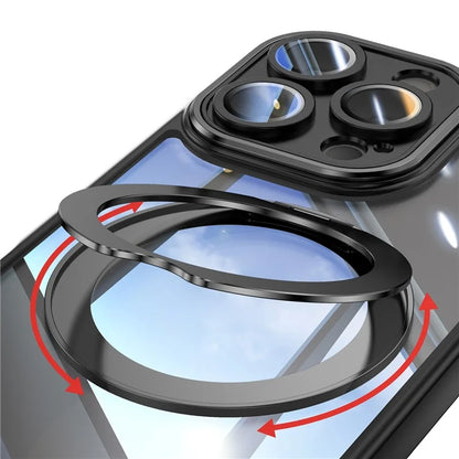 For iPhone 16 Pro Max Case Rotatable Magnetic Kickstand TPU+PC Phone Cover with Lens Film