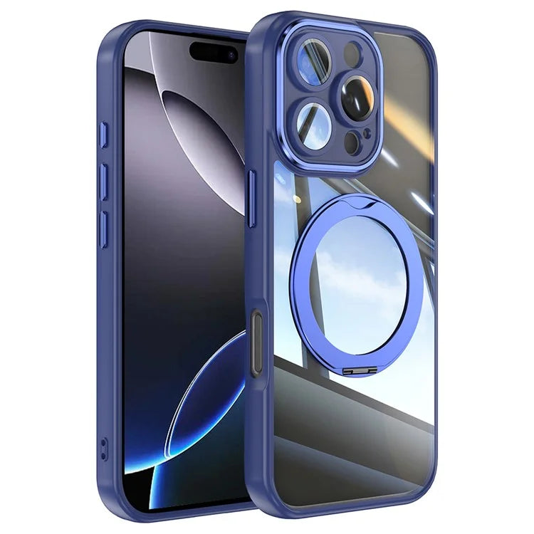 For iPhone 16 Pro Max Case Rotatable Magnetic Kickstand TPU+PC Phone Cover with Lens Film